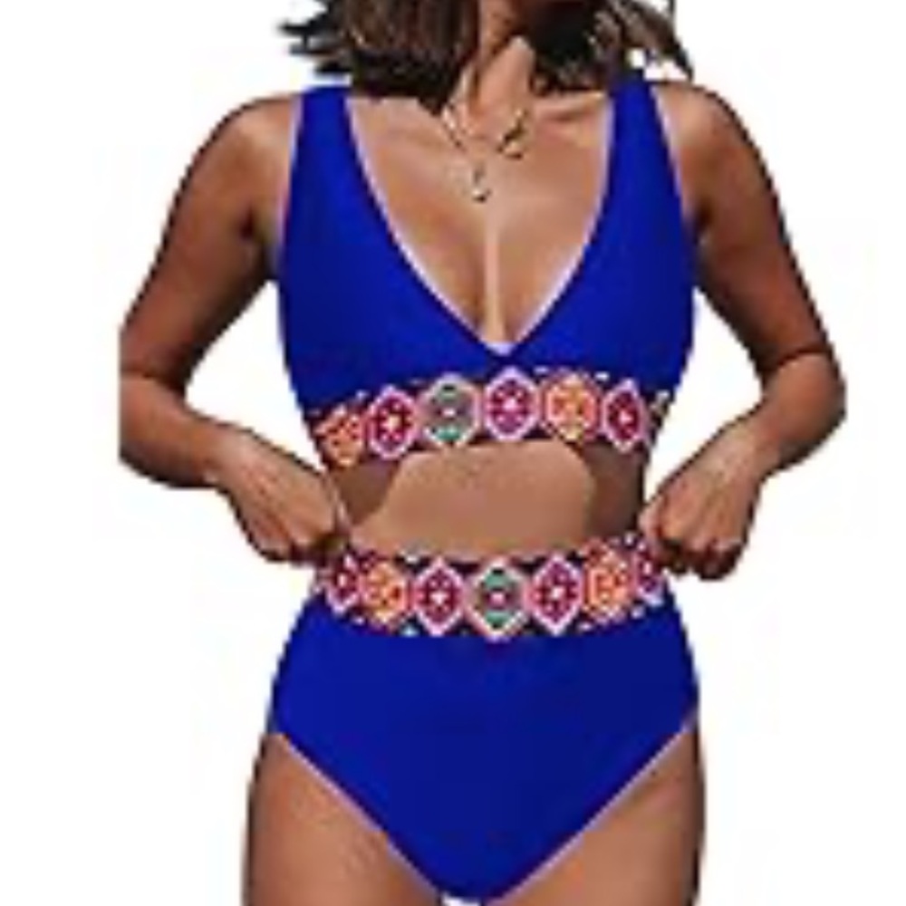 Blue Bikini with Colorful Geometric Trim